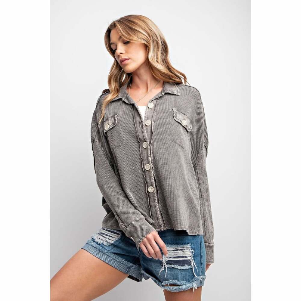 Easel Mineral Washed Waffle Knit Button Up Shacket Shirt Jacket Large